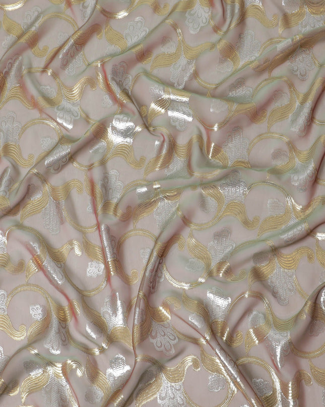 Light olive, onion pink Premium pure silk chiffon fabric with gold and silver metallic lurex in floral design-D16450