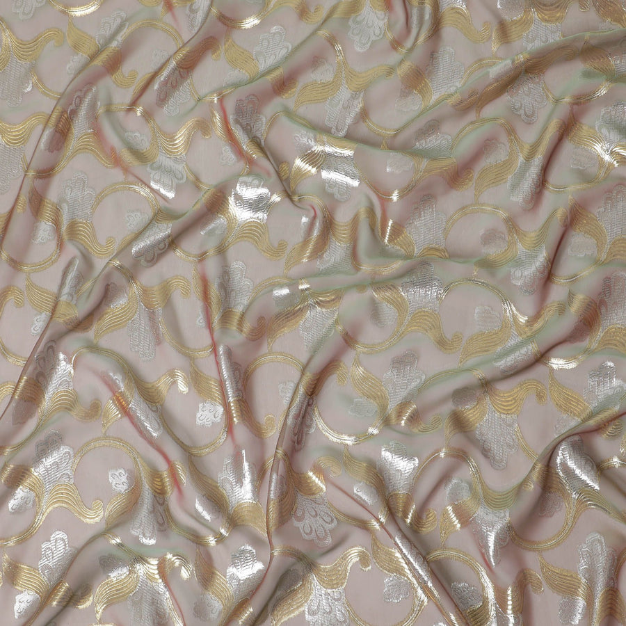 Light olive, onion pink Premium pure silk chiffon fabric with gold and silver metallic lurex in floral design-D16450