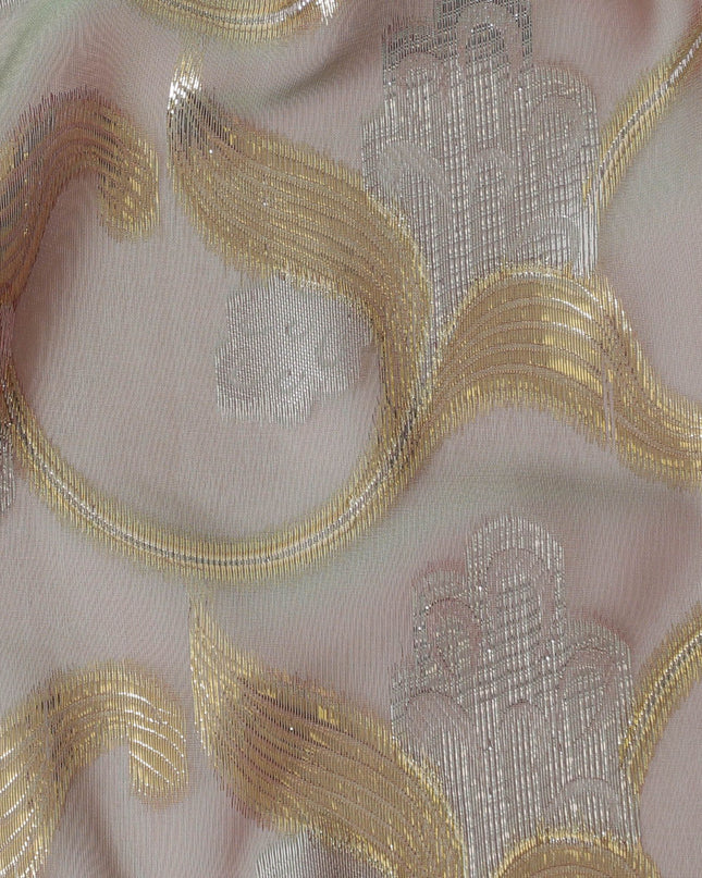 Light olive, onion pink Premium pure silk chiffon fabric with gold and silver metallic lurex in floral design-D16450