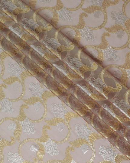 زيتوني فاتح، وردي بصل، قماش من الشيفون الحريري الخالص الفاخر مع لوركس معدني ذهبي وفضي بتصميم زهور-D16450