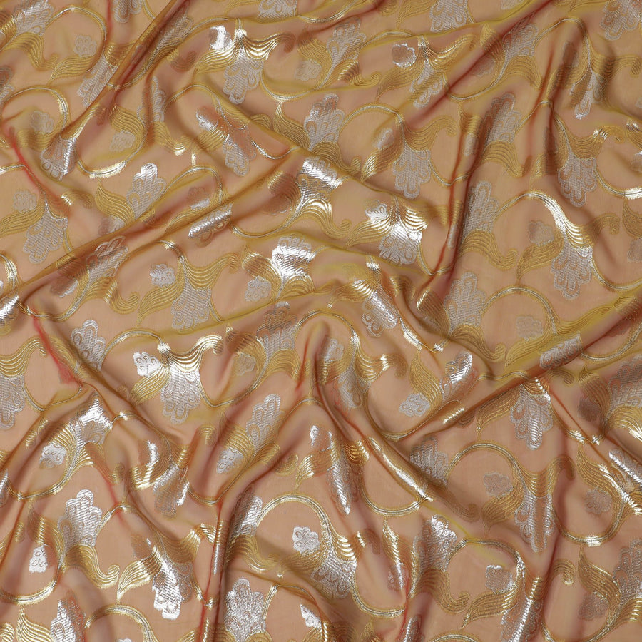 Light orange Premium pure silk chiffon fabric with gold and silver metallic lurex in floral design-D16451