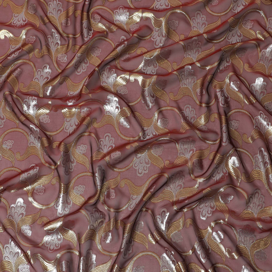 Maroon Premium pure silk chiffon fabric with gold and silver metallic lurex in floral design-D16452
