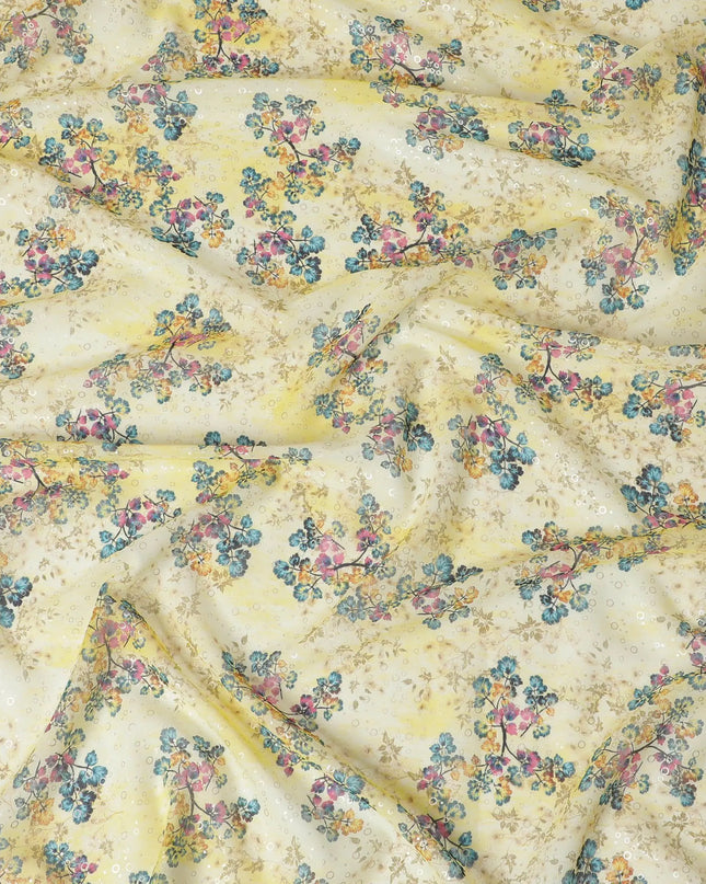 Yellow Pure cotton voile fabric with multicolor print with golden foil in floral design-D16559 Regal Fabrics