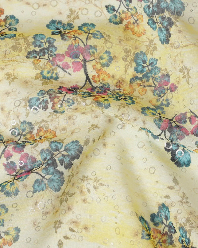 Yellow Pure cotton voile fabric with multicolor print with golden foil in floral design-D16559 Regal Fabrics