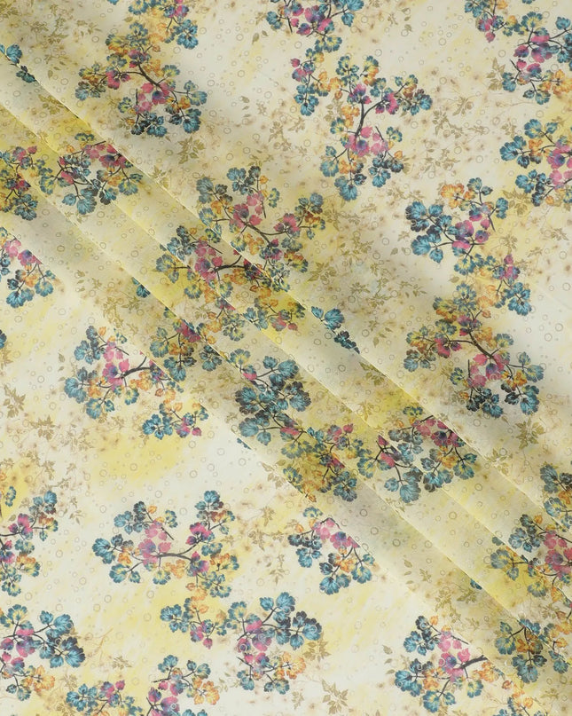 Yellow Pure cotton voile fabric with multicolor print with golden foil in floral design-D16559 Regal Fabrics