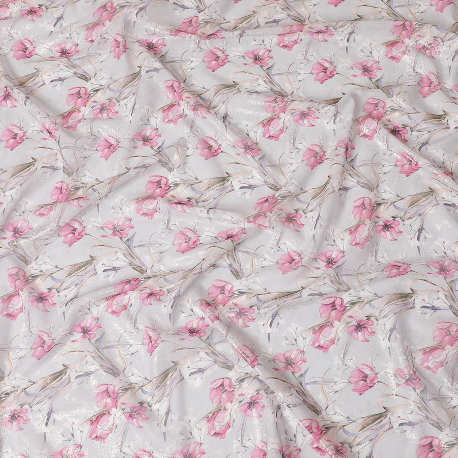 قماش فوال من القطن الخالص باللون البيج الفاتح مع طباعة متعددة الألوان مع رقائق ذهبية بتصميم زهور -D16562