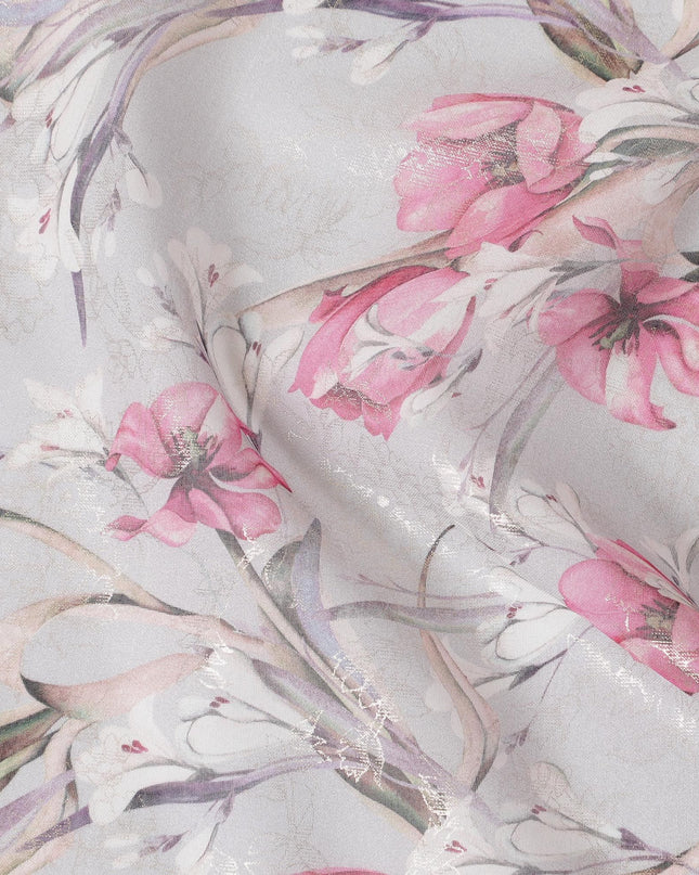 قماش فوال من القطن الخالص باللون البيج الفاتح مع طباعة متعددة الألوان مع رقائق ذهبية بتصميم زهور -D16562