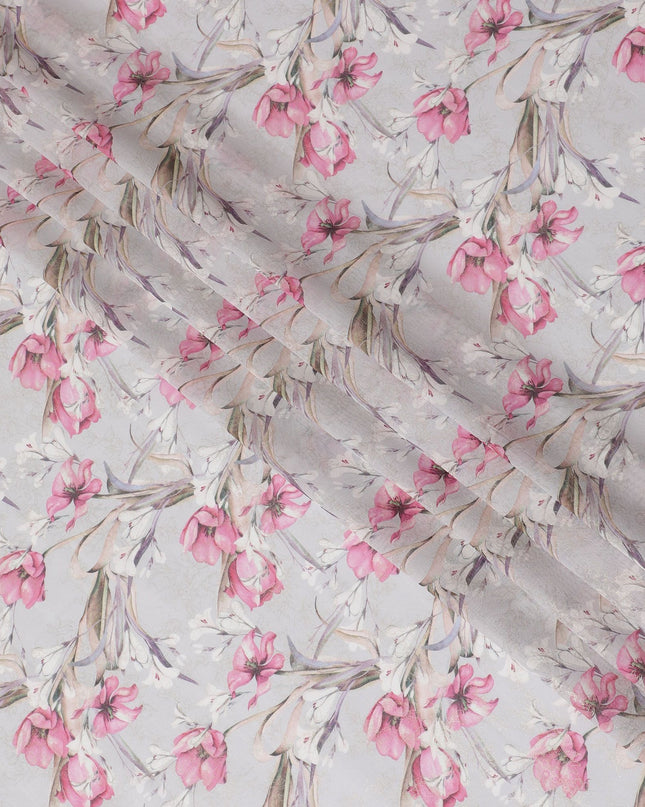 قماش فوال من القطن الخالص باللون البيج الفاتح مع طباعة متعددة الألوان مع رقائق ذهبية بتصميم زهور -D16562