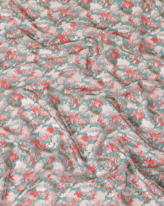 Jade green pure cotton voile fabric with multicolor print with golden foil in geometric design-D16564