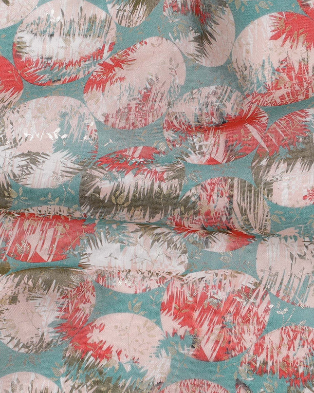 Jade green pure cotton voile fabric with multicolor print with golden foil in geometric design-D16564