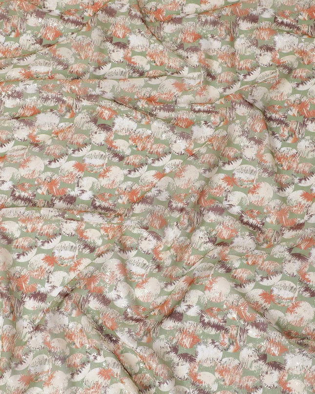 Olive green pure cotton voile fabric with multicolor print with golden foil in geometric design-D16565 Regal Fabrics