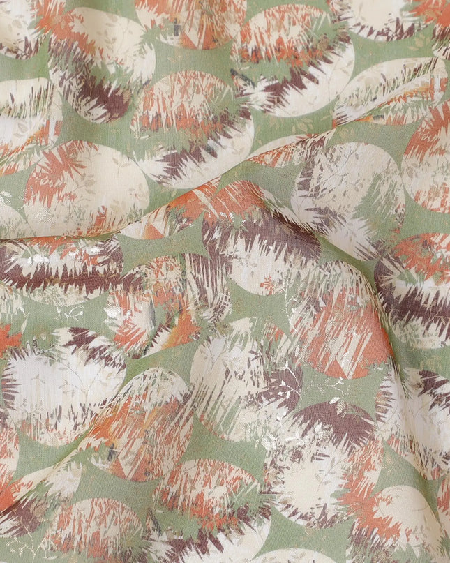 Olive green pure cotton voile fabric with multicolor print with golden foil in geometric design-D16565 Regal Fabrics
