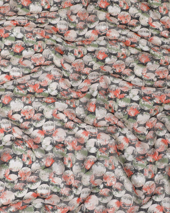 Black pure cotton voile fabric with multicolor print with golden foil in geometric design-D16566