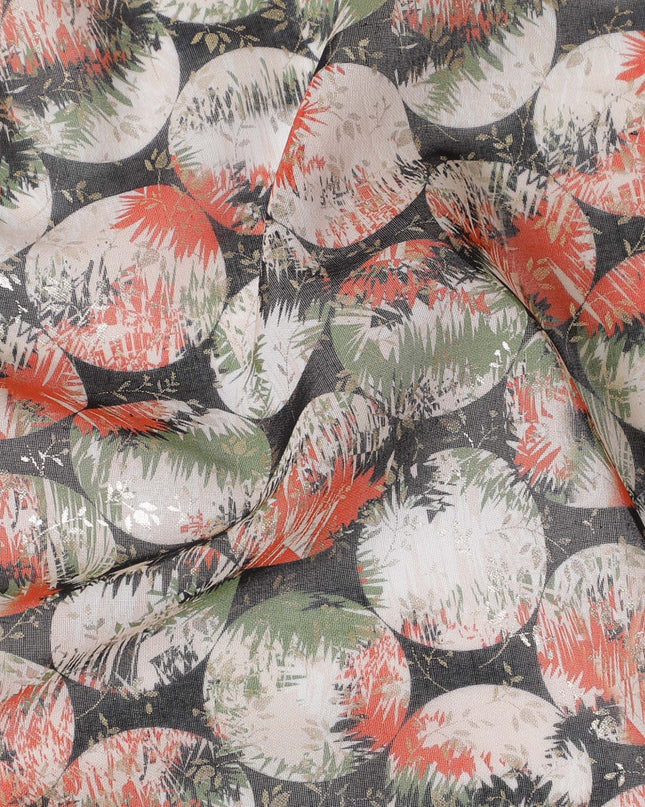 Black pure cotton voile fabric with multicolor print with golden foil in geometric design-D16566