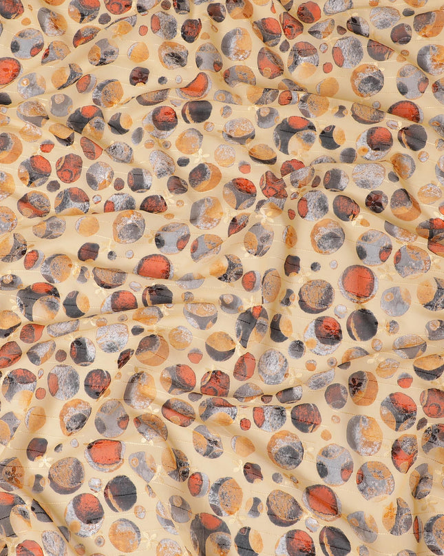 قماش فوال قطني أصفر الخردل مع تطريز بنفس اللون وطباعة متعددة الألوان بتصميم منقط - D16572