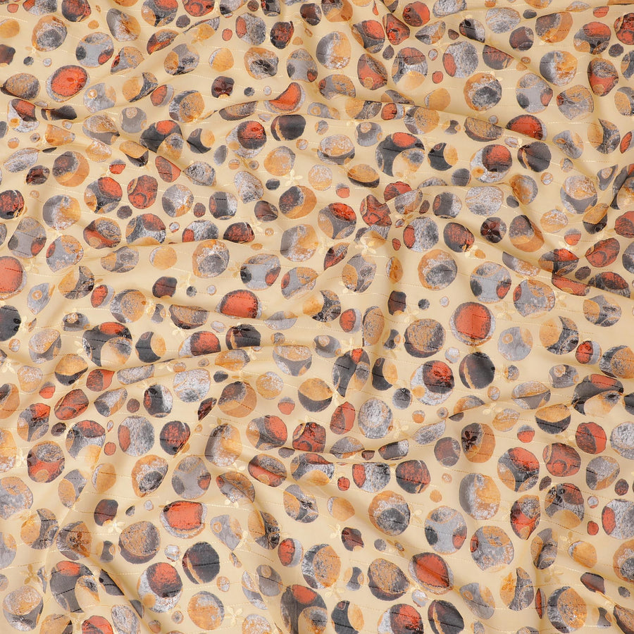 قماش فوال قطني أصفر الخردل مع تطريز بنفس اللون وطباعة متعددة الألوان بتصميم منقط - D16572