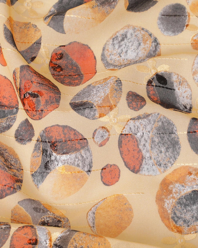 قماش فوال قطني أصفر الخردل مع تطريز بنفس اللون وطباعة متعددة الألوان بتصميم منقط - D16572