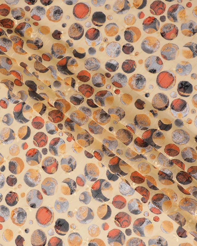 قماش فوال قطني أصفر الخردل مع تطريز بنفس اللون وطباعة متعددة الألوان بتصميم منقط - D16572