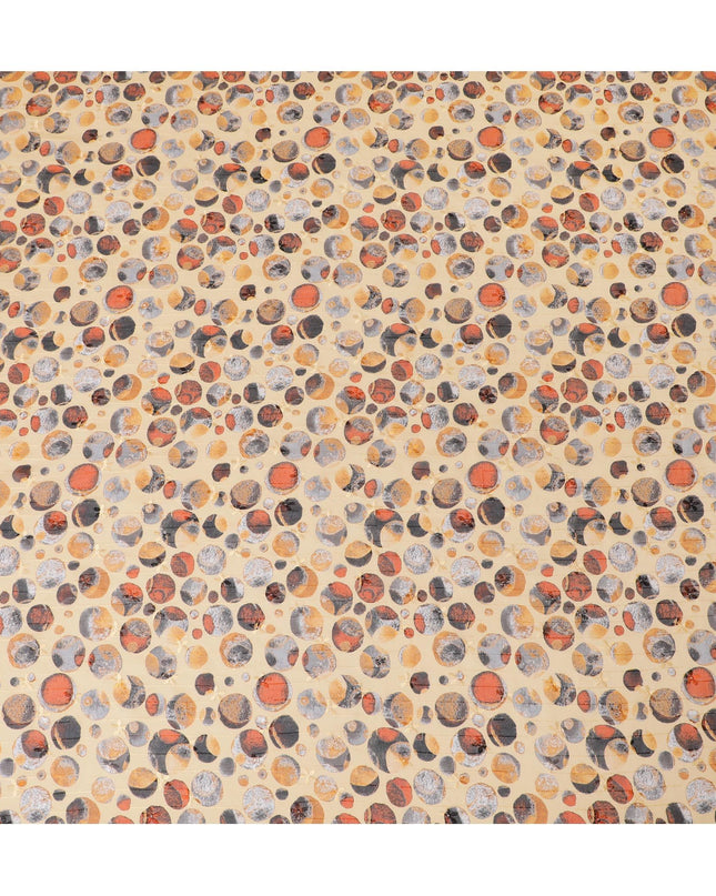 قماش فوال قطني أصفر الخردل مع تطريز بنفس اللون وطباعة متعددة الألوان بتصميم منقط - D16572