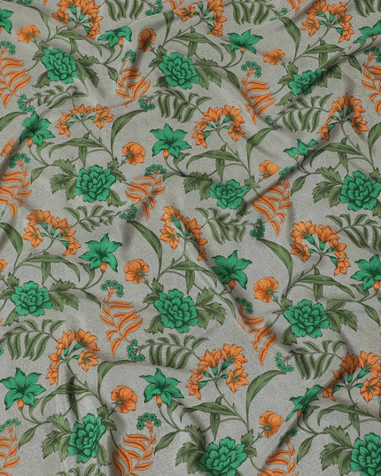 Mink grey Premium pure silk crepe fabric with multicolor print in floral design-D16689 Regal Fabrics