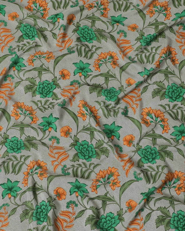 Mink grey Premium pure silk crepe fabric with multicolor print in floral design-D16689 Regal Fabrics