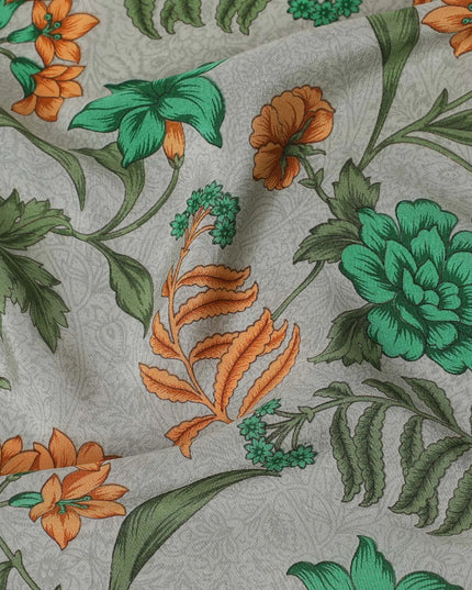 Mink grey Premium pure silk crepe fabric with multicolor print in floral design-D16689 Regal Fabrics