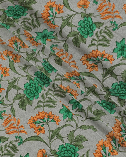 Mink grey Premium pure silk crepe fabric with multicolor print in floral design-D16689 Regal Fabrics