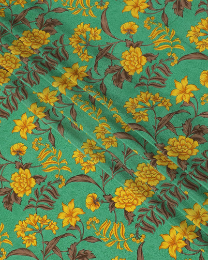 Paris green Premium pure silk crepe fabric with multicolor print in floral design-D16690