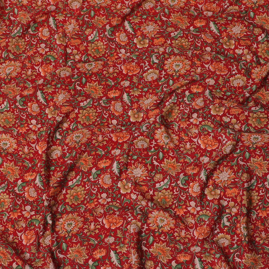 Crimson red Premium pure silk crepe fabric with multicolor print in floral design-D16699