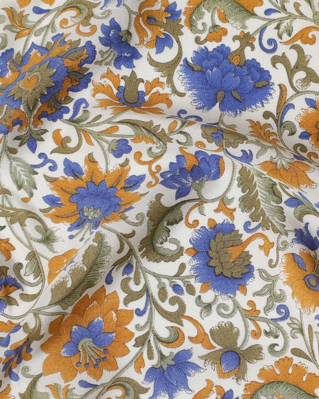 Cream Premium pure silk crepe fabric with multicolor print in floral design-D16704 Regal Fabrics