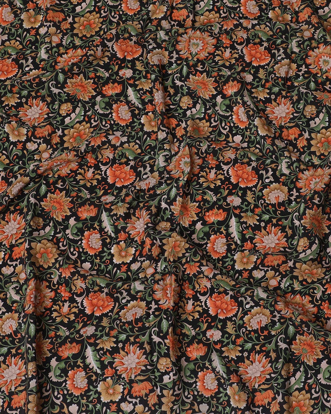 Black Premium pure silk crepe fabric with multicolor print in floral design-D16705