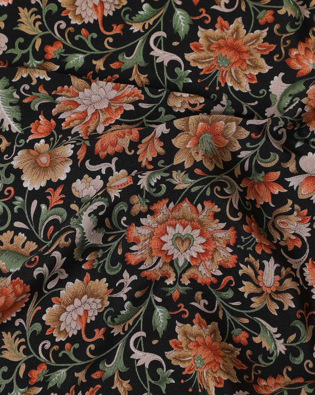 Black Premium pure silk crepe fabric with multicolor print in floral design-D16705
