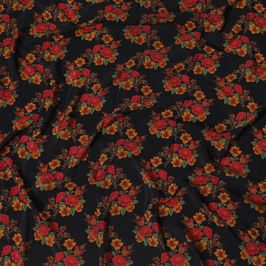 Black Premium pure silk crepe fabric with multicolor print in floral design-D16708