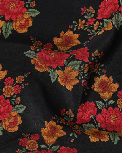Black Premium pure silk crepe fabric with multicolor print in floral design-D16708