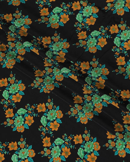 Black Premium pure silk crepe fabric with multicolor print in floral design-D16709