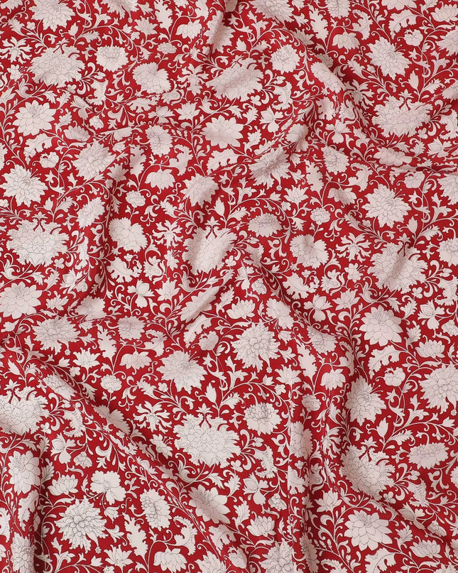 Crimson red Premium pure silk crepe fabric with white and black print in floral design-D16712 Regal Fabrics