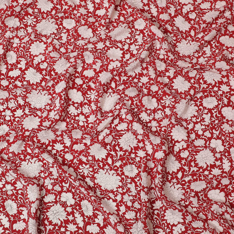 Crimson red Premium pure silk crepe fabric with white and black print in floral design-D16712