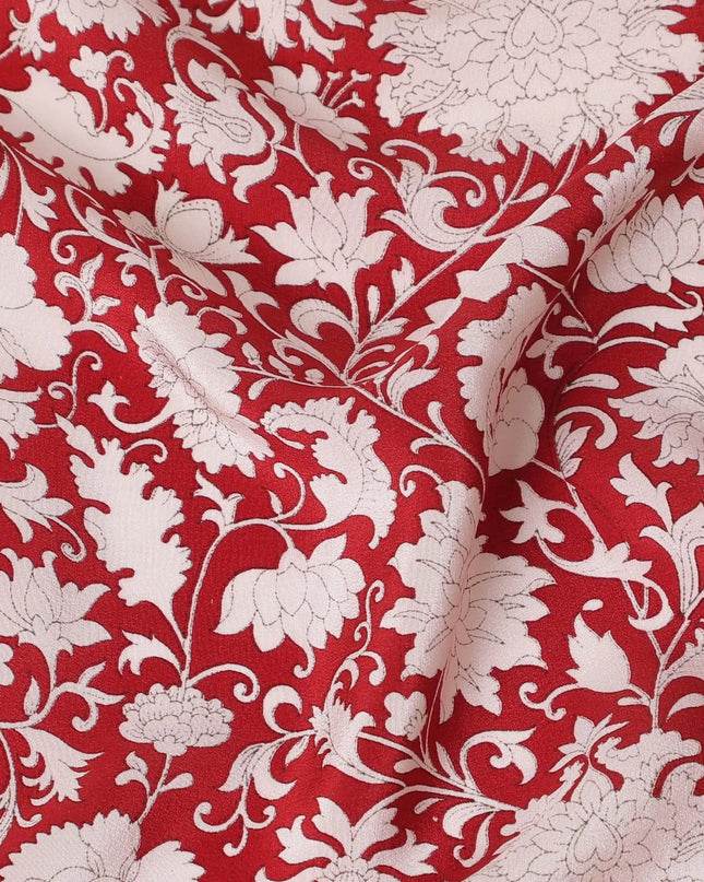 Crimson red Premium pure silk crepe fabric with white and black print in floral design-D16712 Regal Fabrics