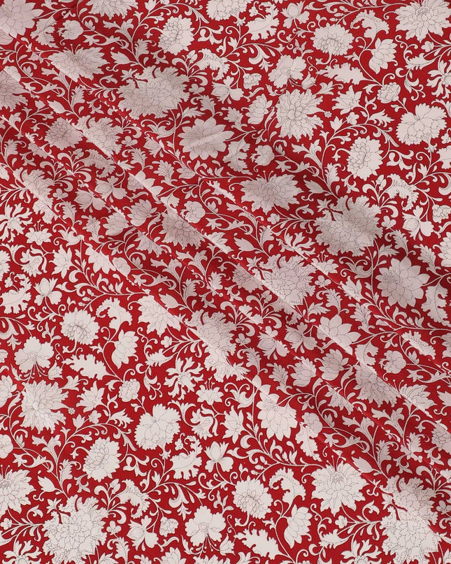 Crimson red Premium pure silk crepe fabric with white and black print in floral design-D16712 Regal Fabrics