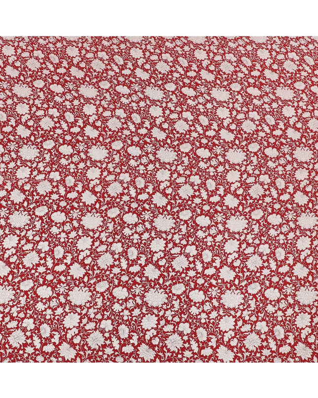Crimson red Premium pure silk crepe fabric with white and black print in floral design-D16712 Regal Fabrics