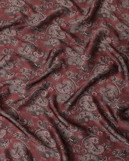 Maroon synthetic organza fabric with multicolor print in floral design-D16742
