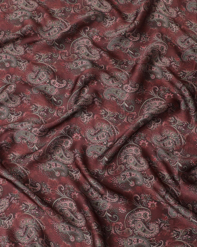 Maroon synthetic organza fabric with multicolor print in floral design-D16742