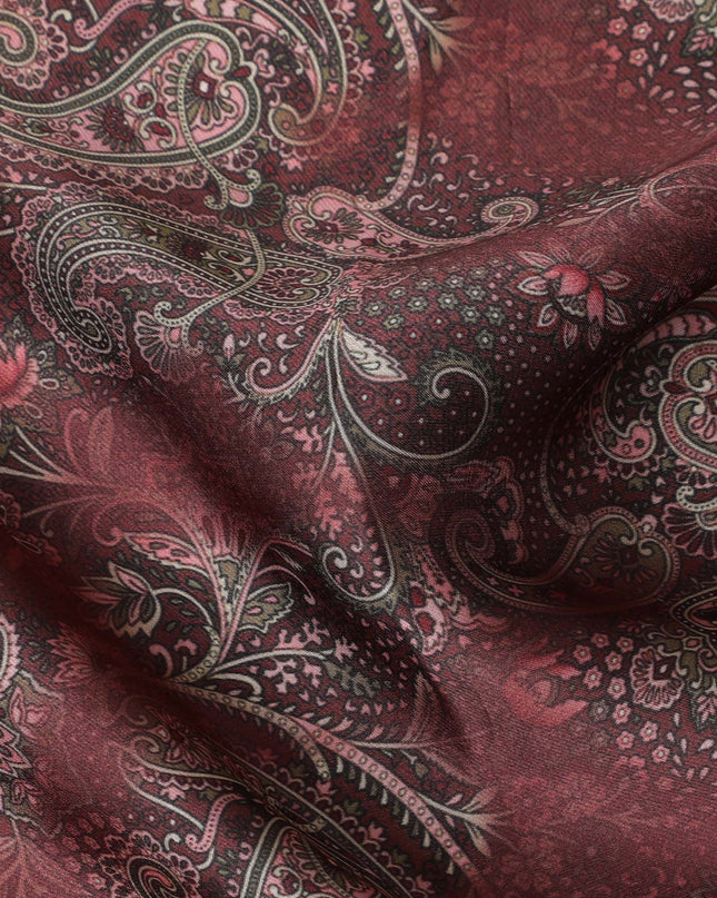 Maroon synthetic organza fabric with multicolor print in floral design-D16742