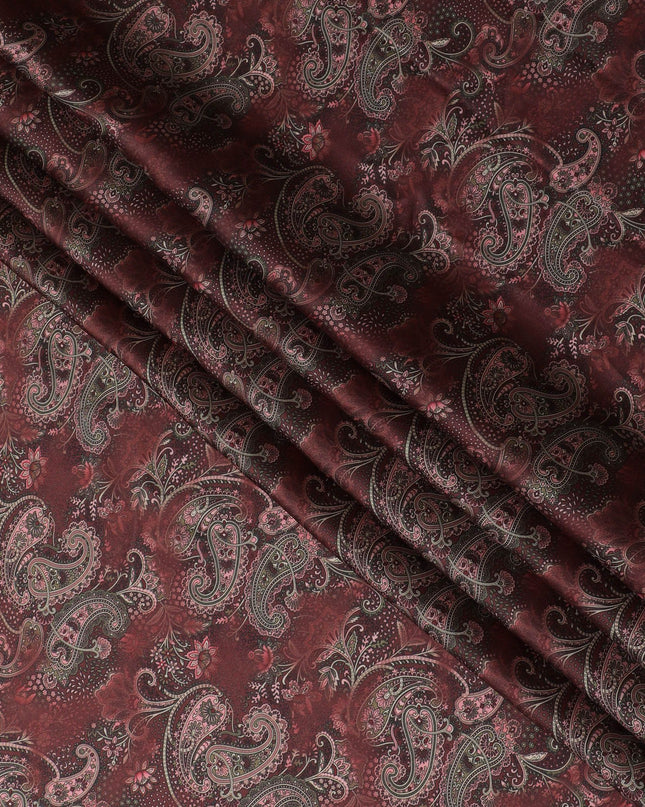 Maroon synthetic organza fabric with multicolor print in floral design-D16742