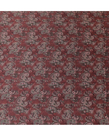 Maroon synthetic organza fabric with multicolor print in floral design-D16742