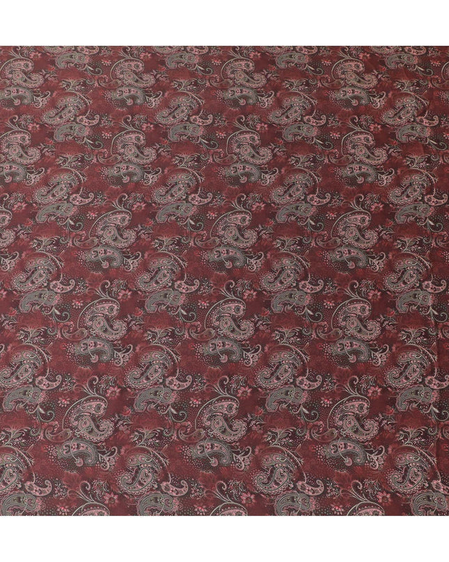 Maroon synthetic organza fabric with multicolor print in floral design-D16742