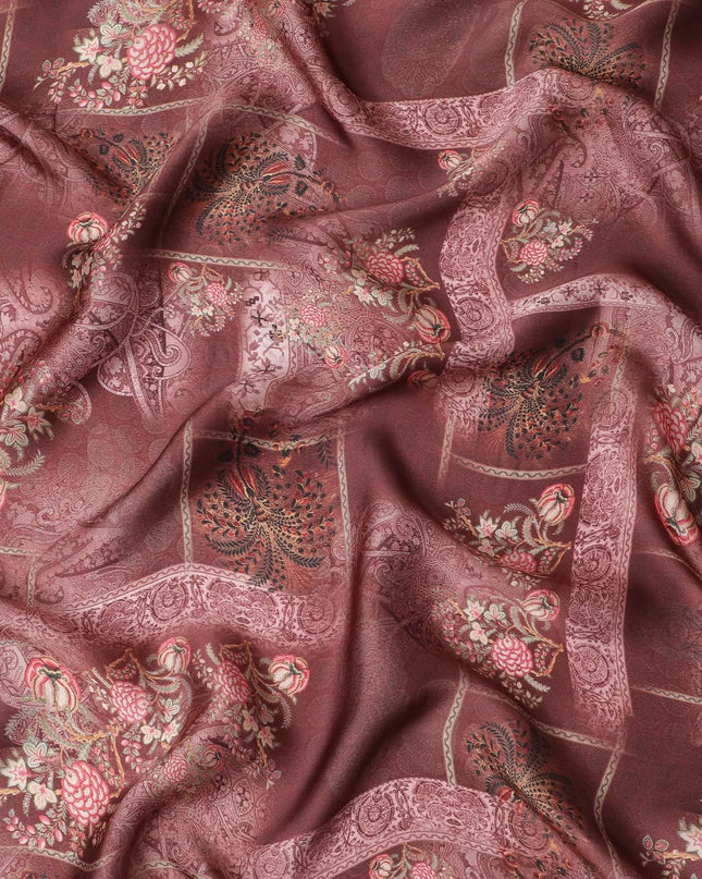 Dark brown synthetic organza fabric with multicolor print in floral design-D16743 Regal Fabrics