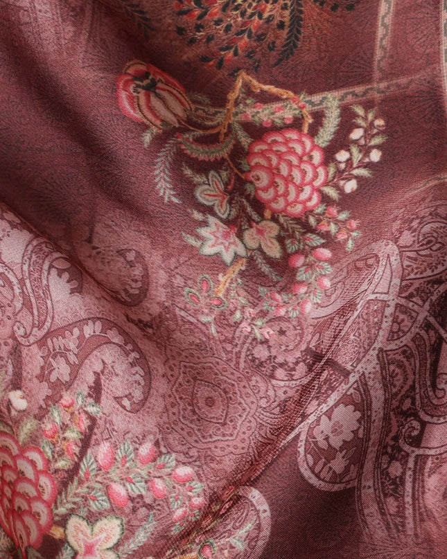 Dark brown synthetic organza fabric with multicolor print in floral design-D16743 Regal Fabrics