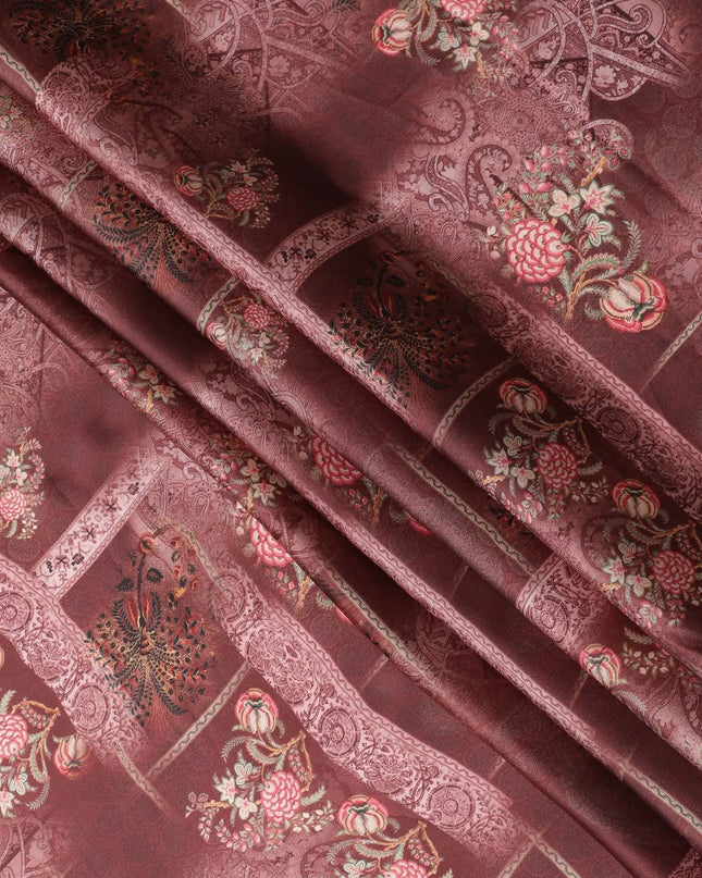 Dark brown synthetic organza fabric with multicolor print in floral design-D16743 Regal Fabrics