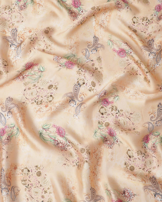 Light Peach synthetic organza fabric with multicolor print in floral design-D16744